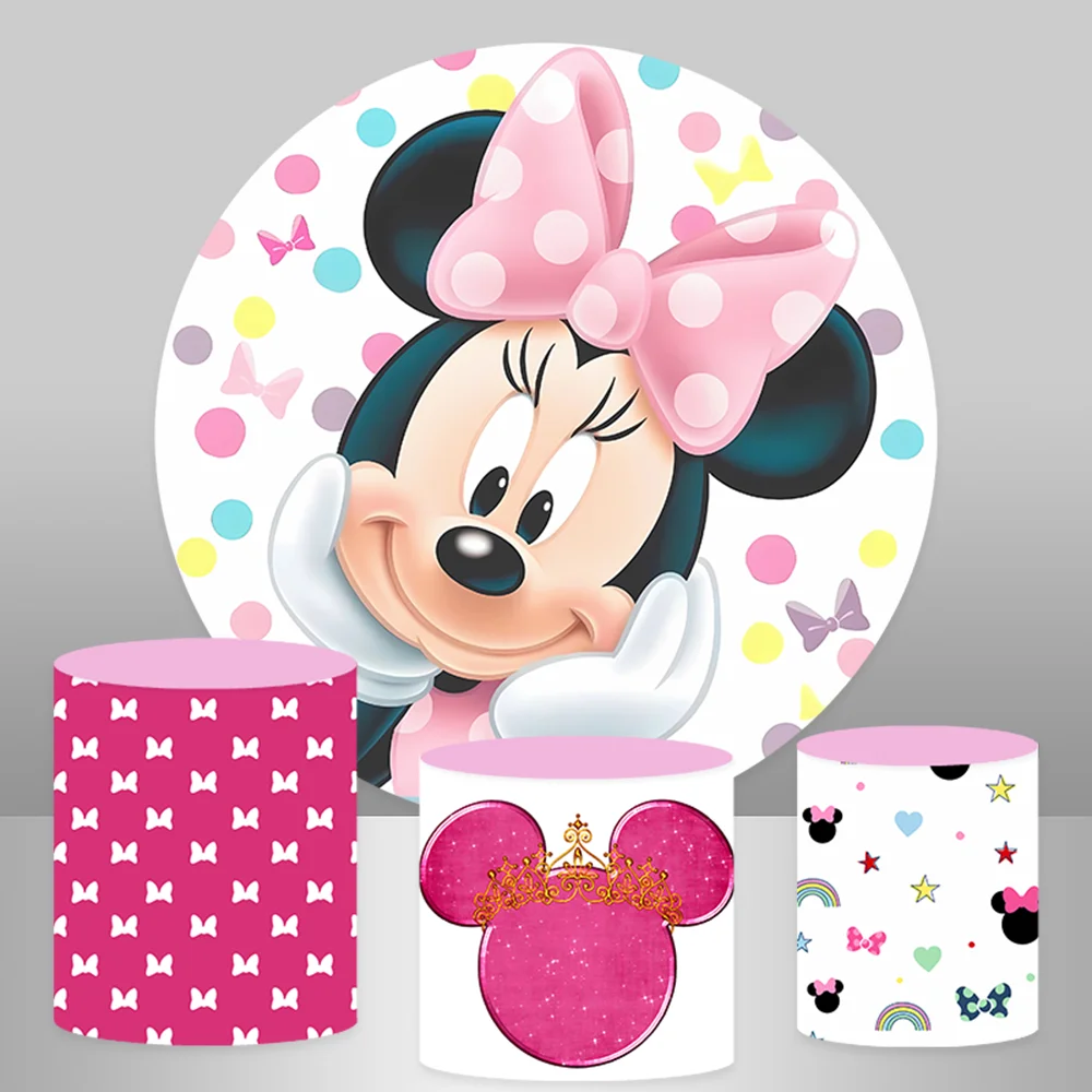 Minnie Mouse Fundo Redondo para Chuveiro de Bebê, Pink Circle Photo Backdrop, Girl's Birthday Party Decoration, Table Plinth Cylinder Cover