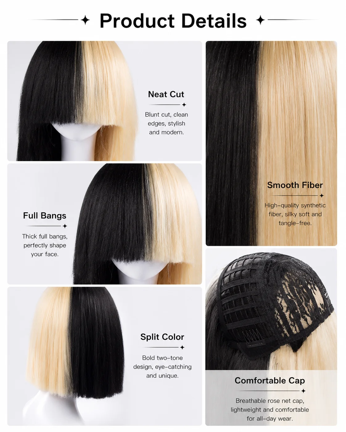 Perruque Cosplay Sia – Bob Noir Et Blond Clair, Deux Tons, Avec Nœud – Cheveux Synthétiques Résistants à La Chaleur