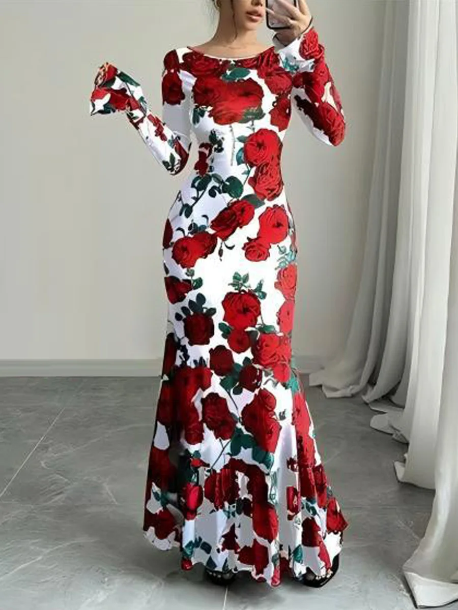 Abito lungo con stampa floreale rosa alla moda Abito lungo sottile a maniche lunghe con farfalla autunnale da donna elegante Abito da festa con collo slash da donna sexy