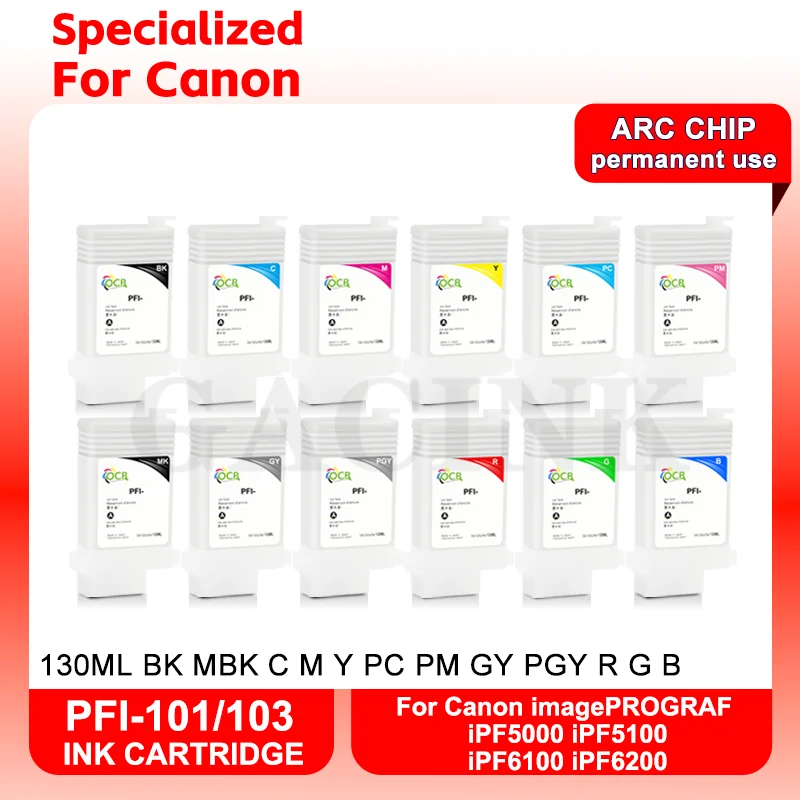 PFI-101 PFI 101 PFI-103 Refillable Ink Cartridge With Permanent Chip For Canon iPF5000 iPF5100 iPF6100 iPF6200 Printer 12 Colors