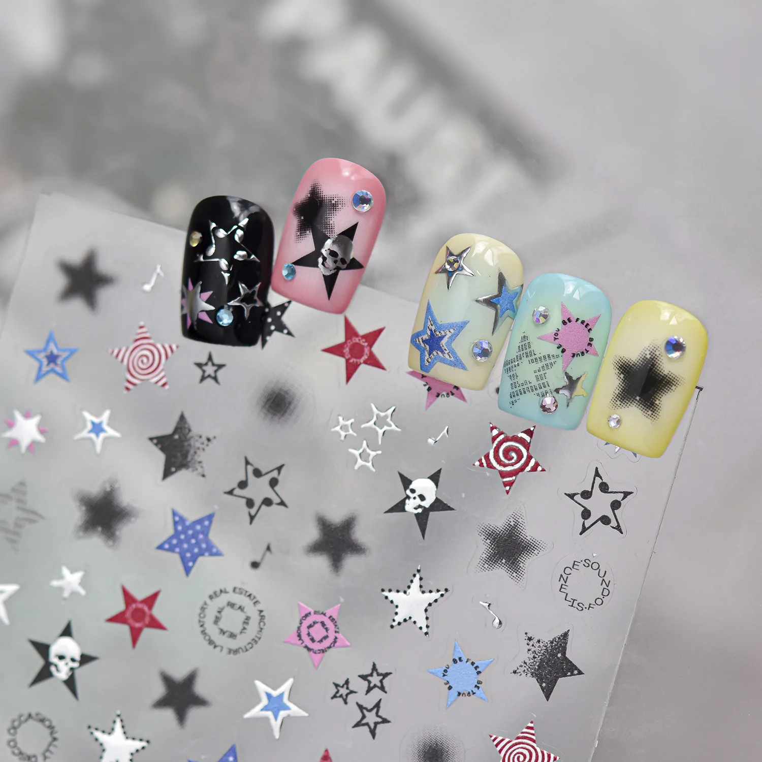 5D Graffiti Punk Nagelkunst-Aufkleber Y2K Dark Star Skull Plaid Polka Dot Spiral Note Mini Circle Selbstklebende Maniküre-Dekoration