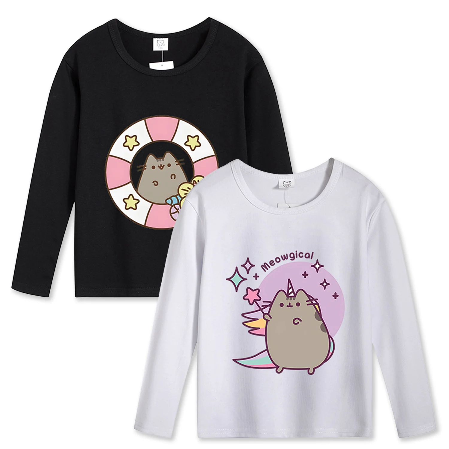 Pusheen Long Sleeve T-shirt Cartoon Cat Cute Base Tee Kids White Black T-shirts Boys Girls Clothes Tshirt Autumn Spring Clothing