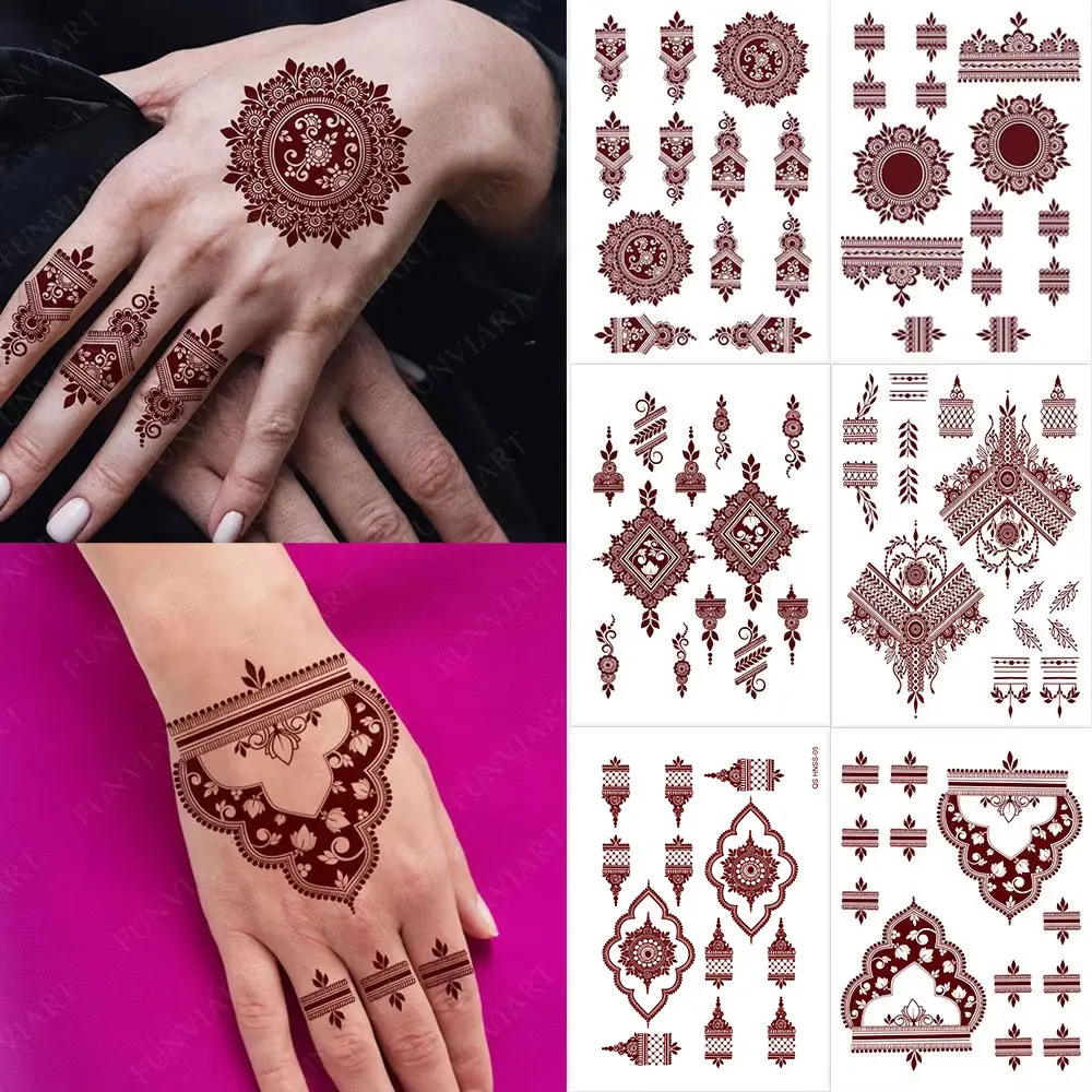 

Waterproof Brown Henna Tattoo Stickers for Women Temporary Tattoos for Hand Flower Fake Tattoo for Wedding Festival Body Art