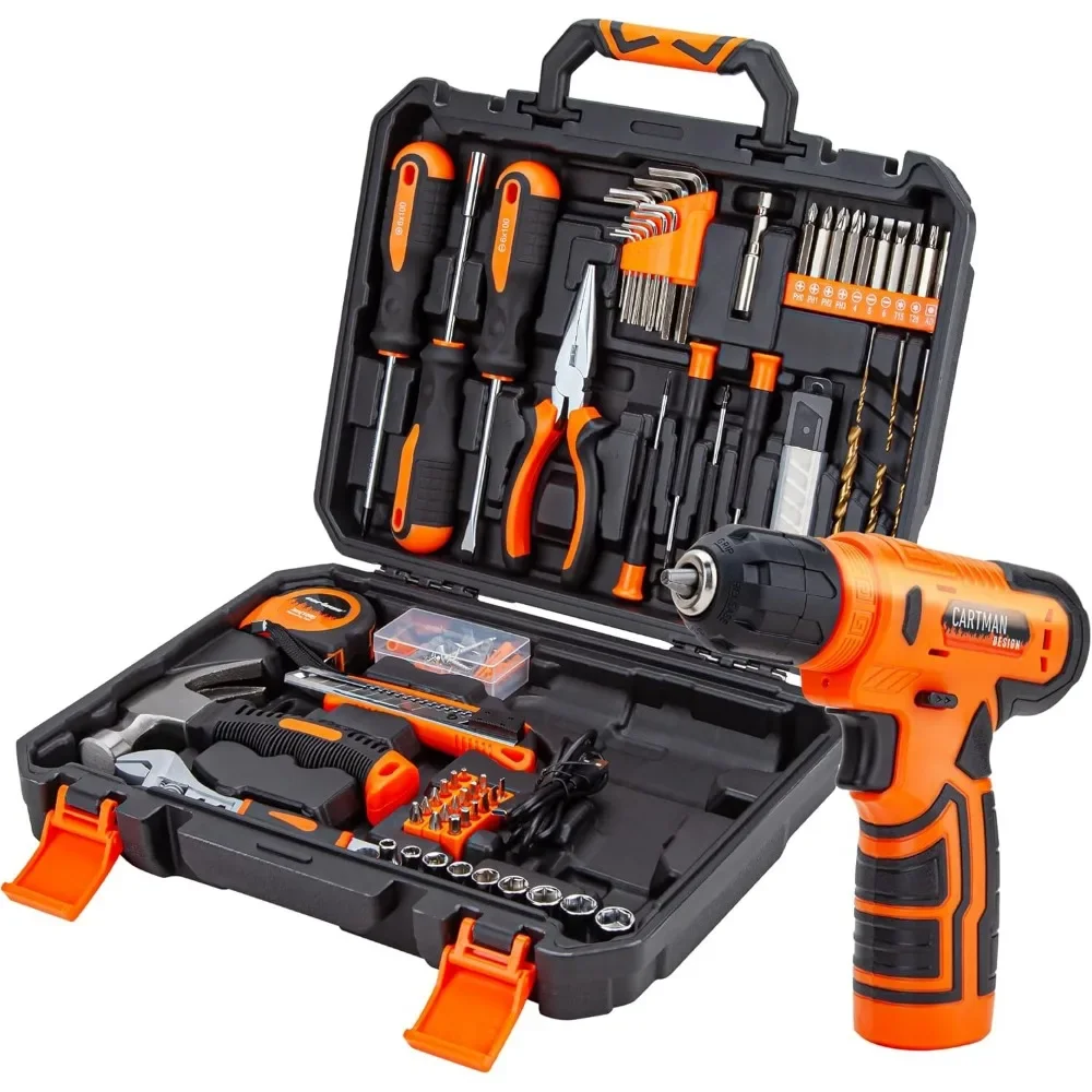 

150 Piece Household Tool Kit with 8V Cordless Drill Driver for Home Repair and DIY Projects Orange Battery Powered