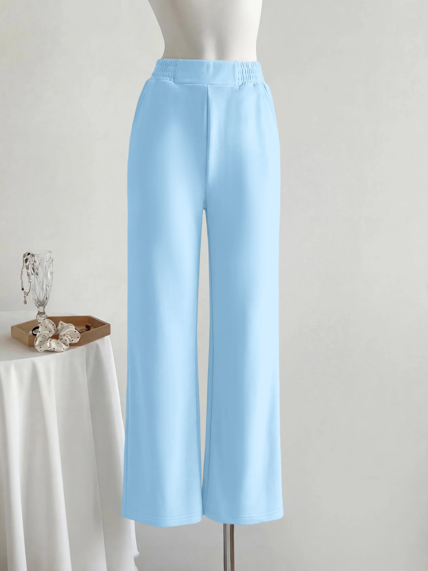 Ladies High Waist Smocked Wide Leg Pants Loose Flowy Sweatpants Streetwear Casual Trousers Multiple Colors