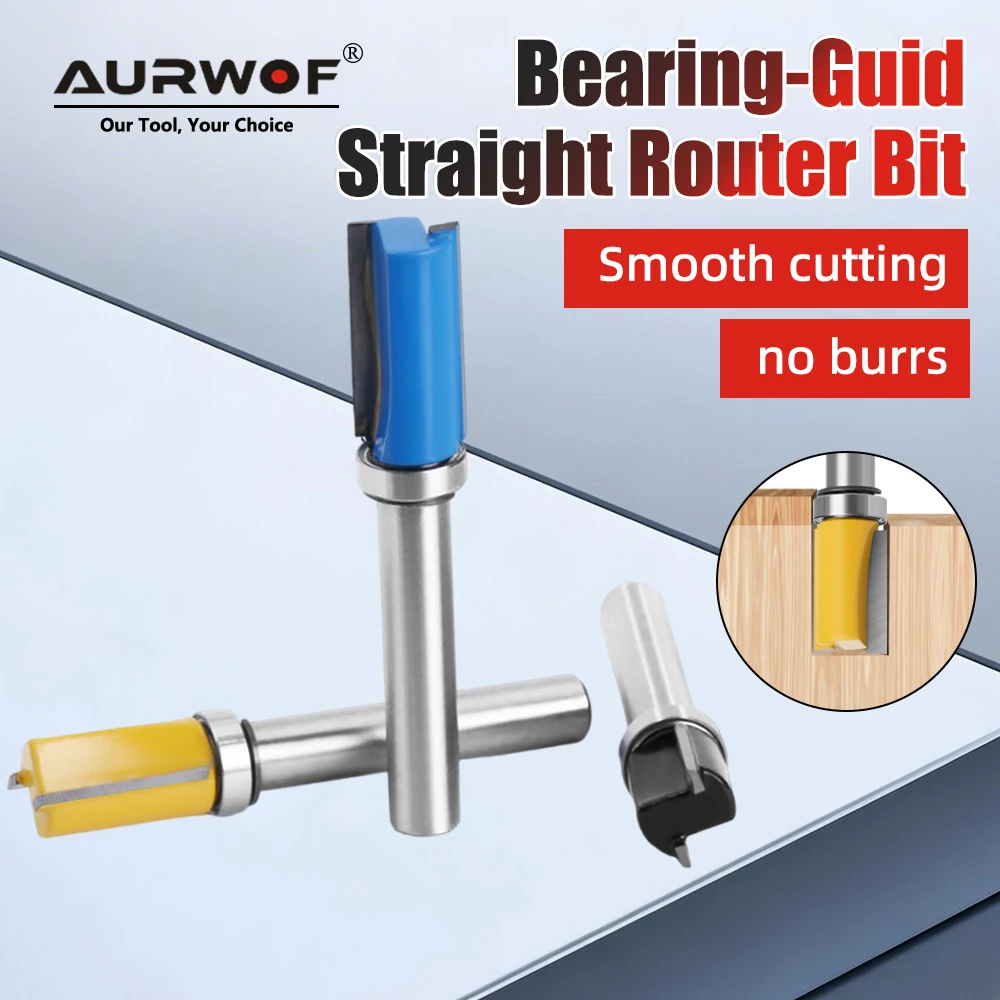 AURWOF 8mm Bearing Flush Trim Bit 3 Pack, 12mm Diameter Double Flute Carbide Router Cutter For Wood Edge Trimming