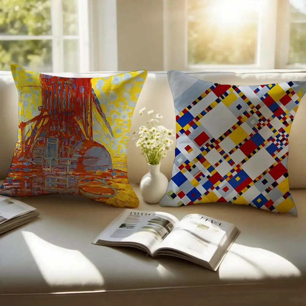 Abstract Painter P-Piet Cornelies Mondrian Cushion Cover Pillowcase Anti-dustmite Invisible Zipper Short Plush Sofa Cushion