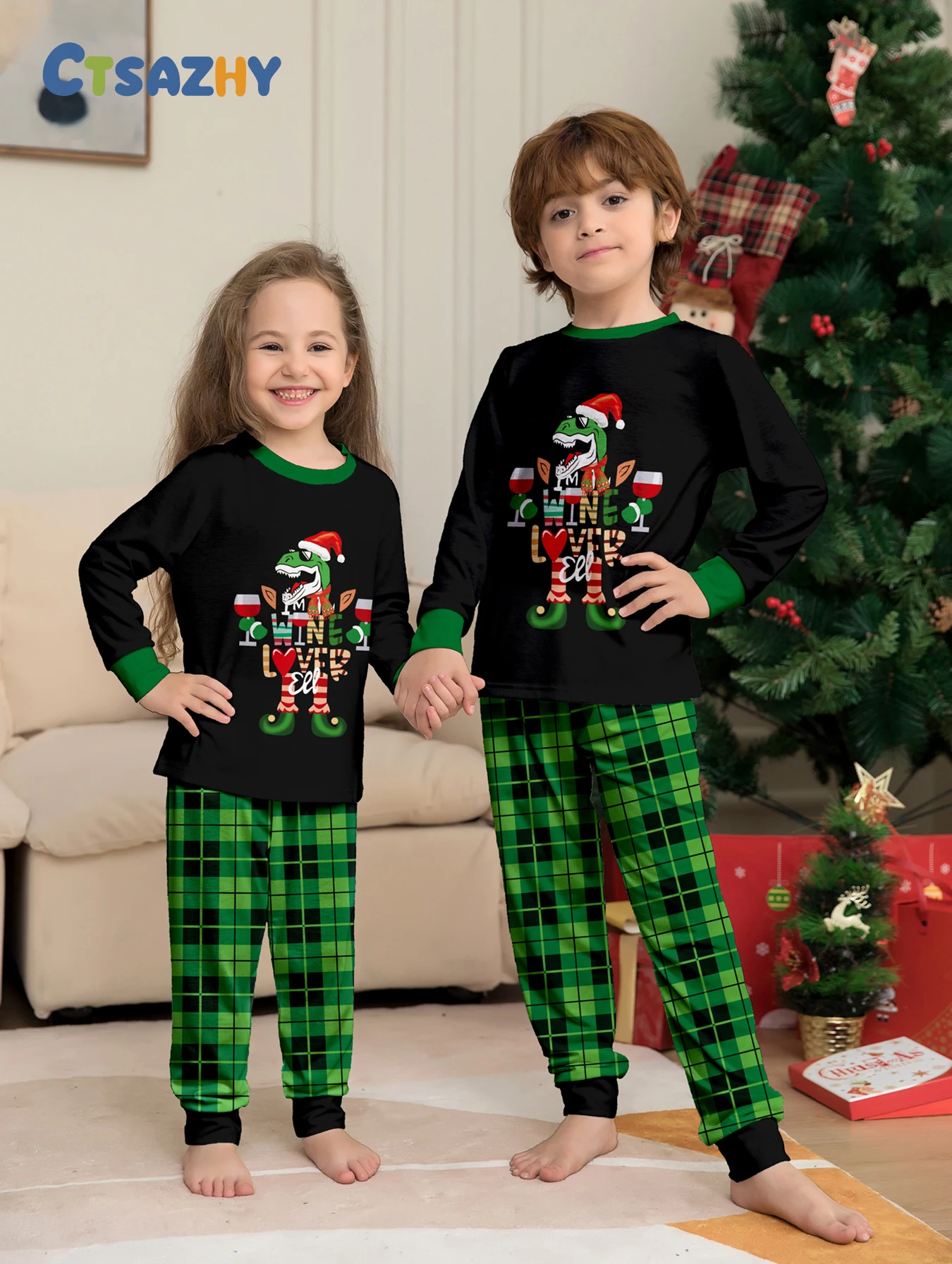 

Xmas Kids Sleepwear - Children's Black Dinosaur, Wine Glass + Green Plaid Pajama Ensemble