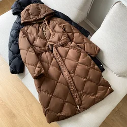 Winter 90% White Duck Down Jacket Female 2024 New Long Hooded Rhombic Belt Coat Loose Fashion Thick Warm Windproof Parka Outwear