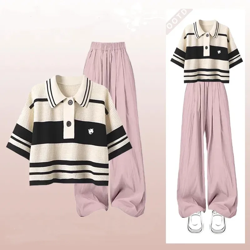 

Girls' Summer New Fashion Tracksuit Matching Set 2026 Korean Elegant Retro Knit Short-sleeved Top+Casual Pants Two-piece Suit