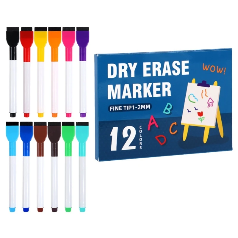 12 Color Erasable Whiteboard Marker Marker Pen with Eraser for School Office Whiteboard Chalkboard Memo Board