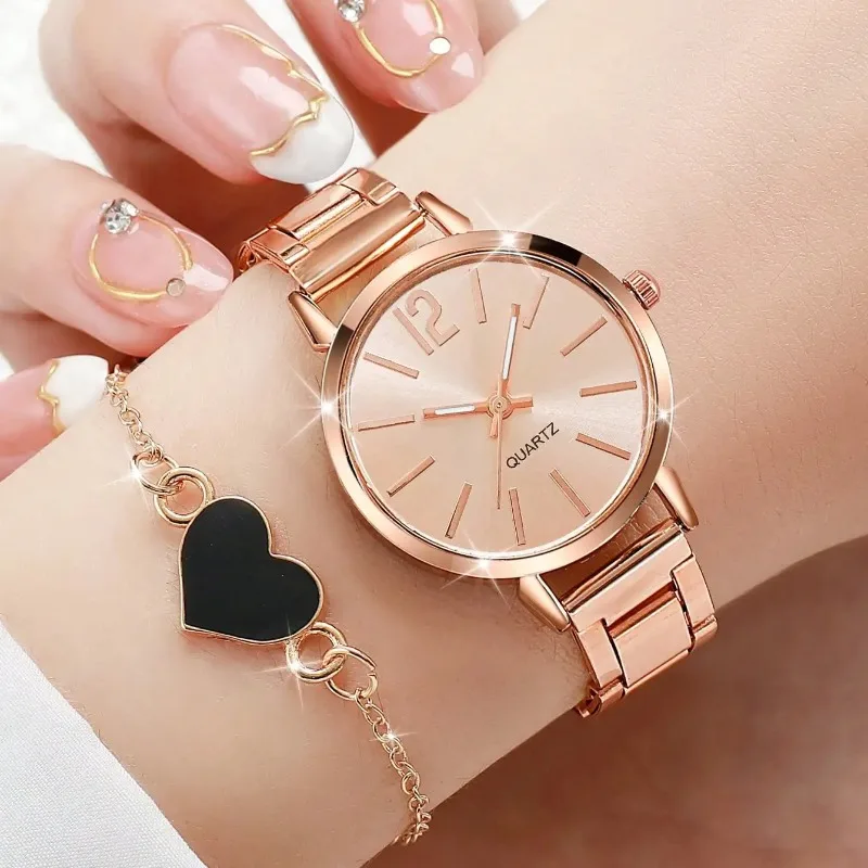 2pcs Business Fashion Womens Watch Elegant Golden Quartz Wristwatch Heart Charm Bracelet Set Montre Femme Relojes Para Damas