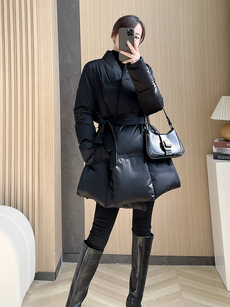 High end slimming waist lace-up down jacket women winter new thick and warm solid color temperament medium to long jacket