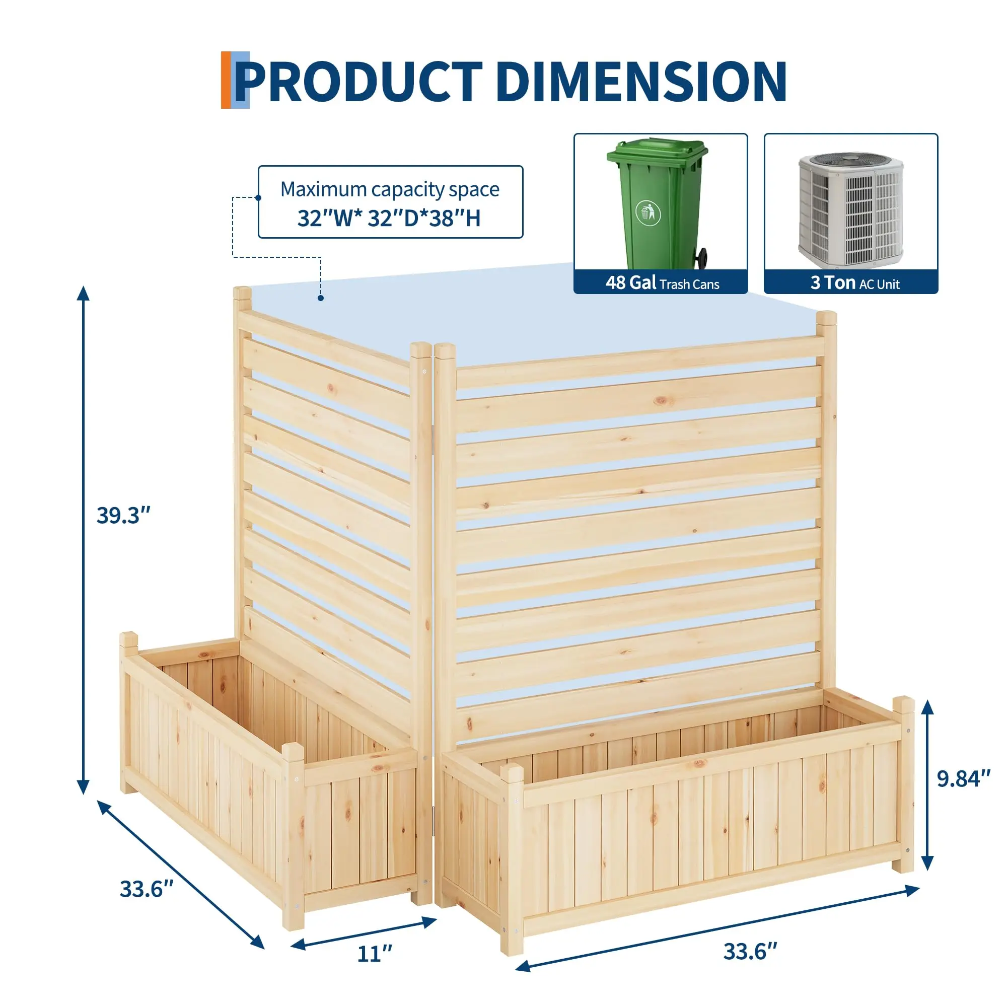 Outdoor Wooden Privacy Fence Panels with Planter Boxes, 2-Pack Freestanding Garden Screen for Hiding AC Units, Trash Cans, Pool Equipment – Includes 2 Flower Pots – Patio & Yard Privacy Solution