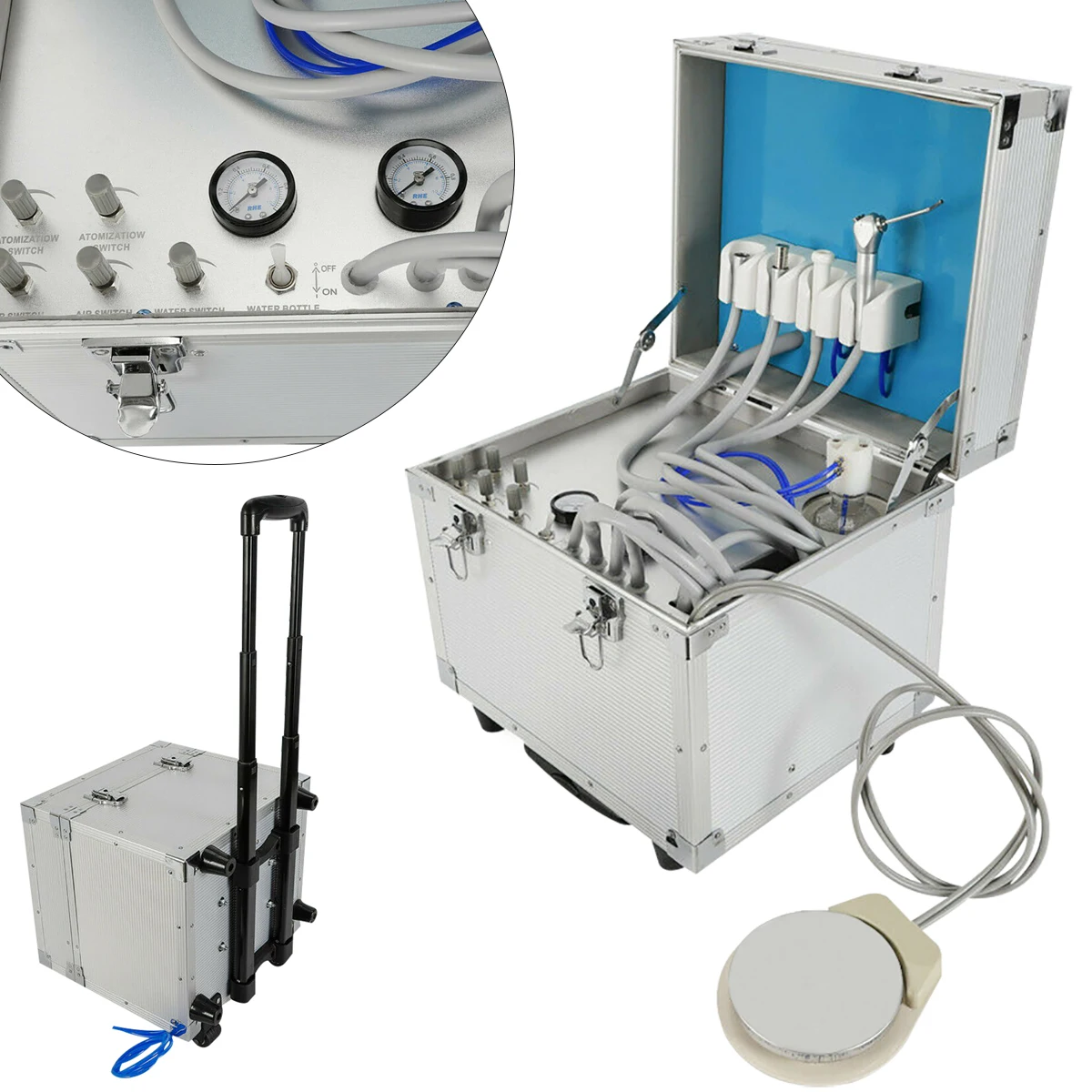 4 Holes Mobile Dental Unit Portable Rolling Case Box with Oilless Air Compresor，Mobile Clinic Dental Equipment