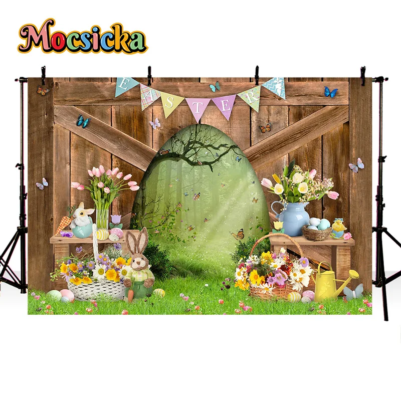 Mocsicka Easter Photography Background Spring Meadow Bunny Forest Backdrop Family Gathering Baby Shower Photo Studio Banner