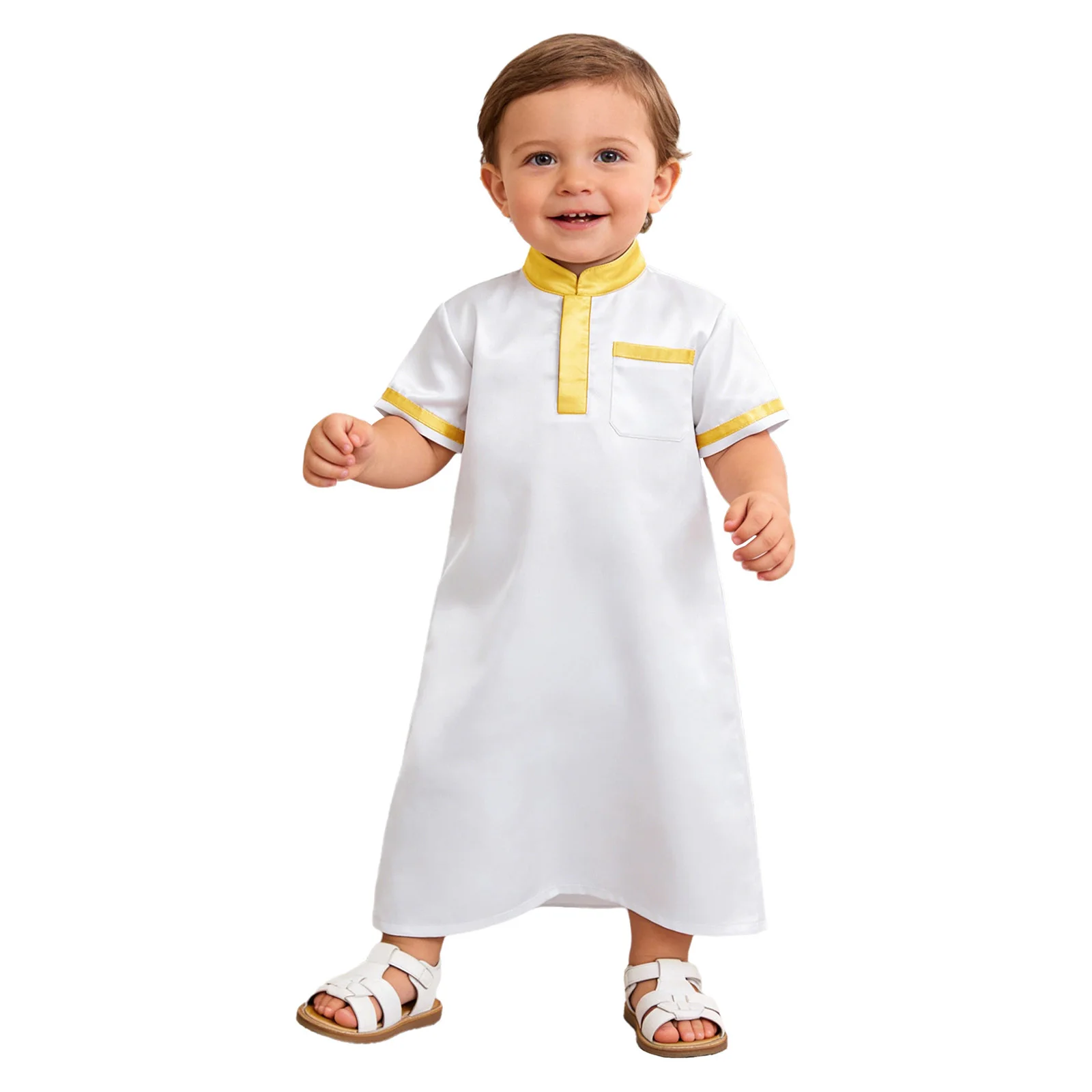 Muslim Baby Boys Robe Short Sleeve Satin Gown with Pocket kids Middle East Arabic Islamic Abaya Ramadan Eid Prayer Kaftan Thobe