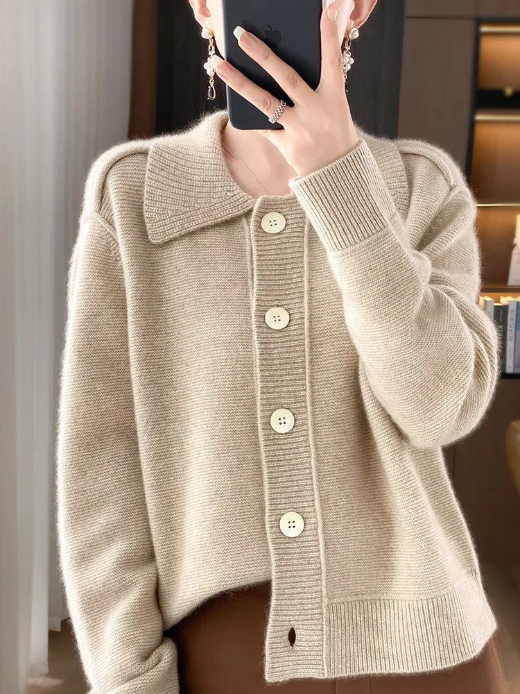 

Light Luxury 100% Merino Wool Women Sweater Autumn Winter Solid Outerwear Soft Knitted Cardigan Long Sleeve Cashmere Clothes Top