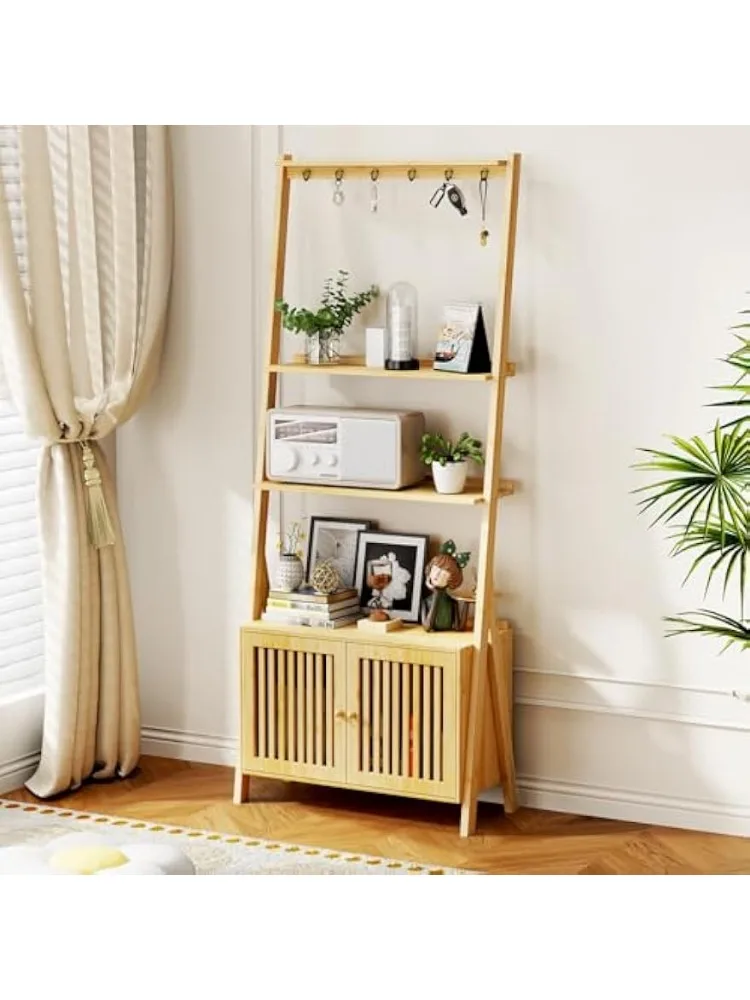 

Bookshelf with 2 Doors, 4-Tier Bamboo Ladder Shelf with 6 Hooks, Standing Storage Organizer for Living Room