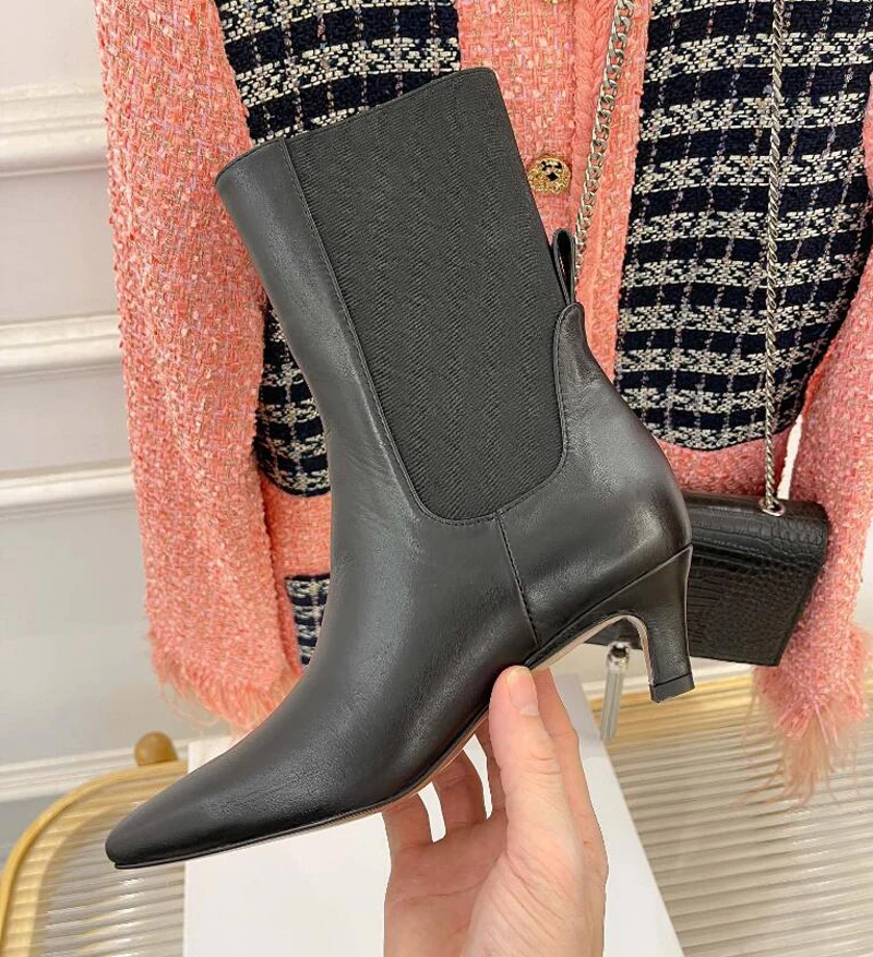 New Style Square Toe Kitten Heel Short Boots Women Genuine Leather Splicing Stretch Chelsea Boots Fashion Solid All Match Botas