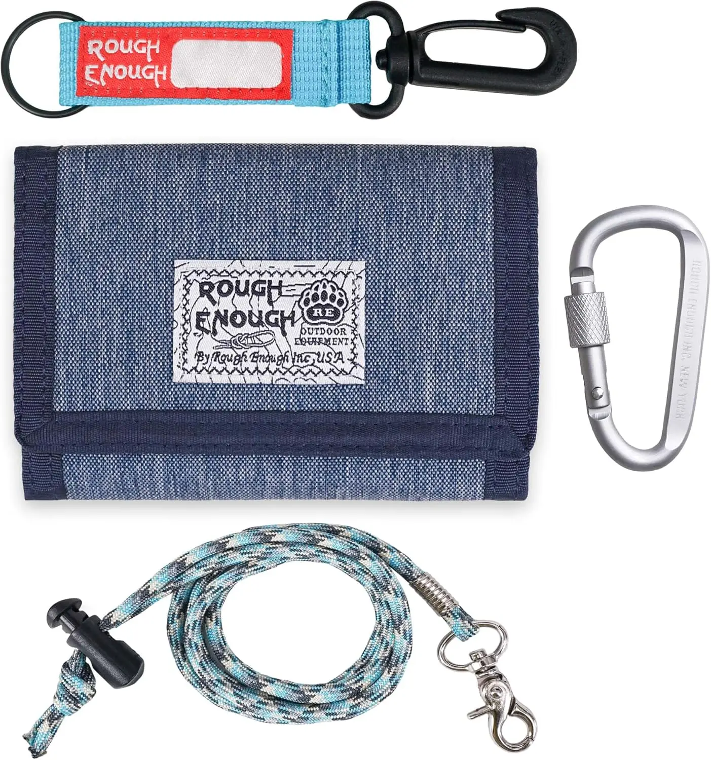 

Rough Enough Kids Wallet for Boys Teen Men with Neck Lanyard Keychain in Cool Classic Denim Blue Canvas