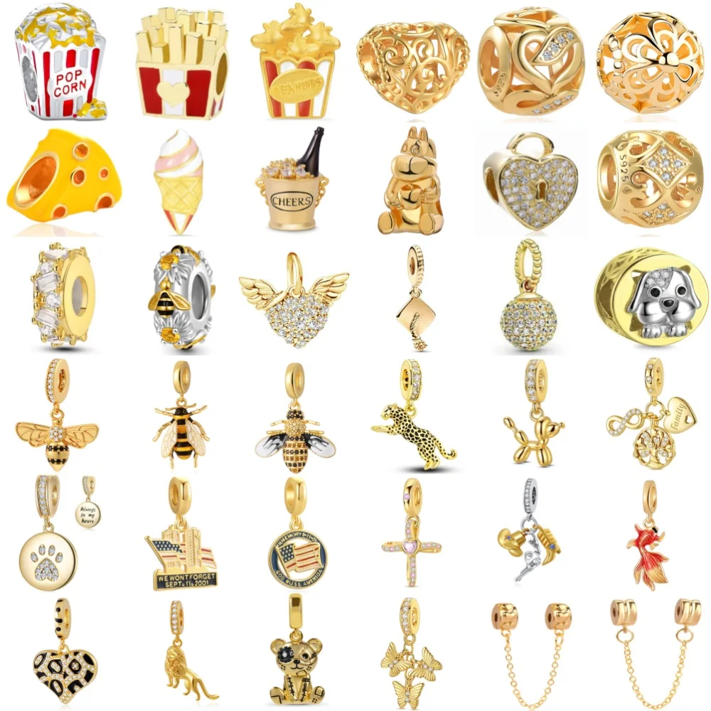 New Gold Series,French Fries,Popcorn Beads,Butterfly,Bug Pendant 925 Silver,Original Bracelet DIY Accessories Exquisite Jewelry