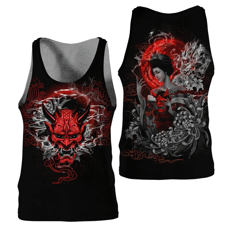Retro Samurai Oni Mask Tattoo 3D Printed Men Tank Tops Street Harajuku Style Sleeveless T-shirt Summer Casual Unisex Vest Tops
