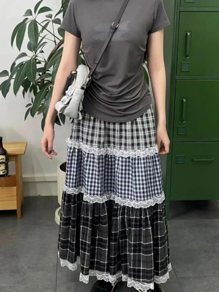 Long Skirt For Women's Patchwork Lace Plaid Jupe 2025 Faldas Mujer High Waist Loose Saia Summer Casual Fashion Vintage Skirts