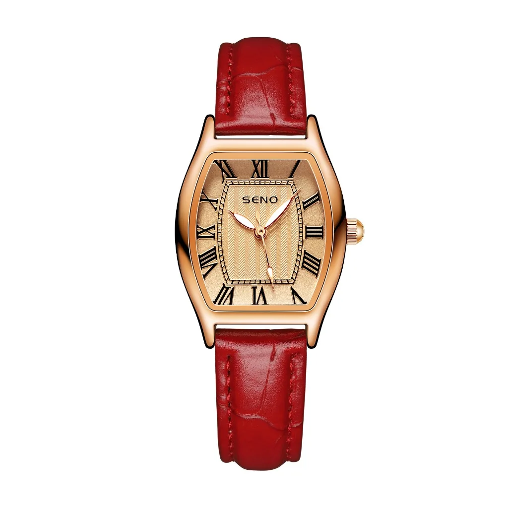 SENO Women's Tonneau Quartz Watch 30M Waterproof Leather Strap Vintage Barrel Wristwatch with World Time
