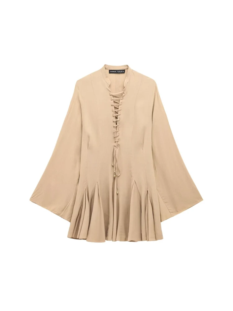 Ele printemps 2025 femme Dr avec cloche Sves et Sa décoration nouveauté robe en couleur Pure avec jupe V-Ne ort