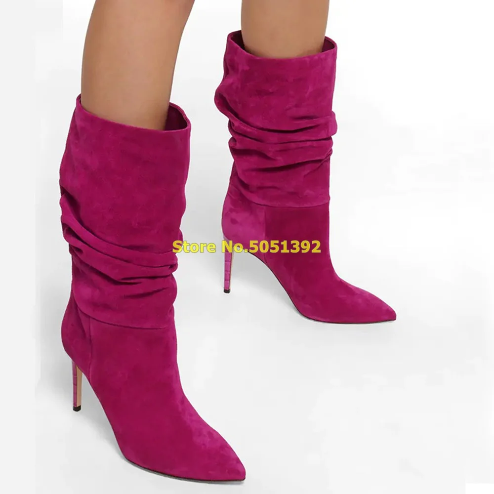 

Slouchy Mid Calf Boots Suede Rosy Stiletto High Heel Sexy Pointed Toe Slip On Fashion Winter Women Shoes 2024 New Arrivals Boots