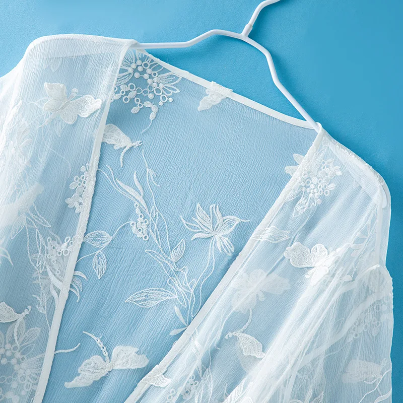 Winsleter-dames 100% echte zijde elegante zonnebrandcrème tops, borduursel met lange mouwen, fee losse zonneschermjas, 2025 zomer C55757CC