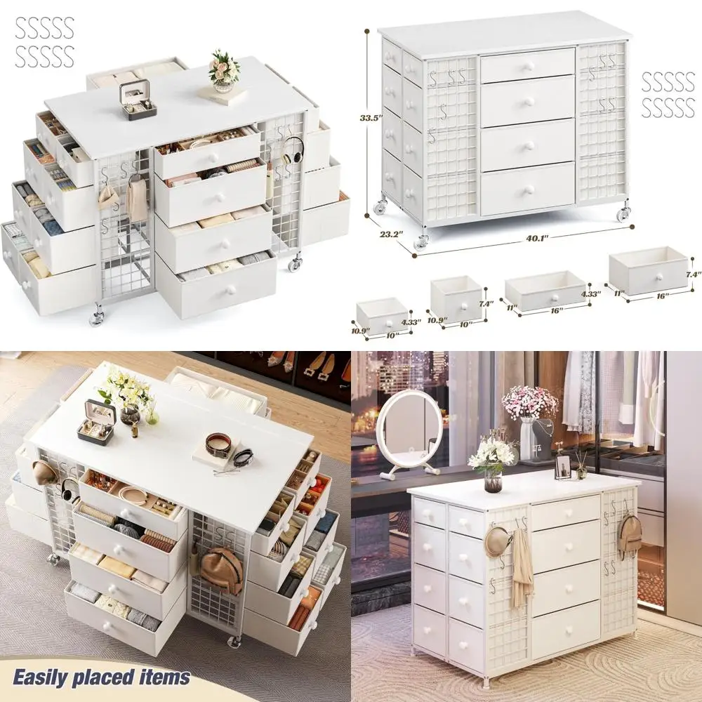 

24-Drawer White Bedroom Dresser with Rolling Wheels and 40 x 23 Wooden Top, Metal Frame