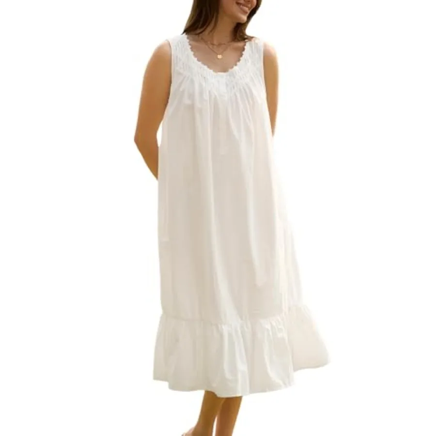 100% Cotton Nightgowns for Women Soft Sleeveless Night Gown Long Victorian Sleepwear with Pockets, S-3XL