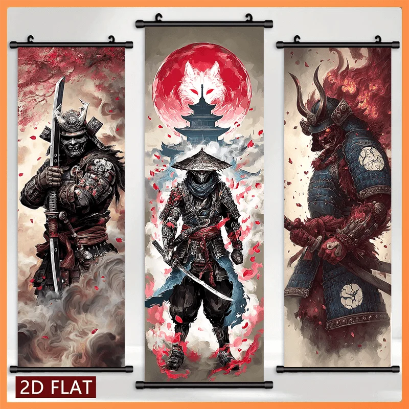 VIKAMA Japanese Samurai Warrior Fox Spirit 3 Piece Wall Scroll Tapestry Set Dark Wall Art Decor for Living Room Bedroom Gift