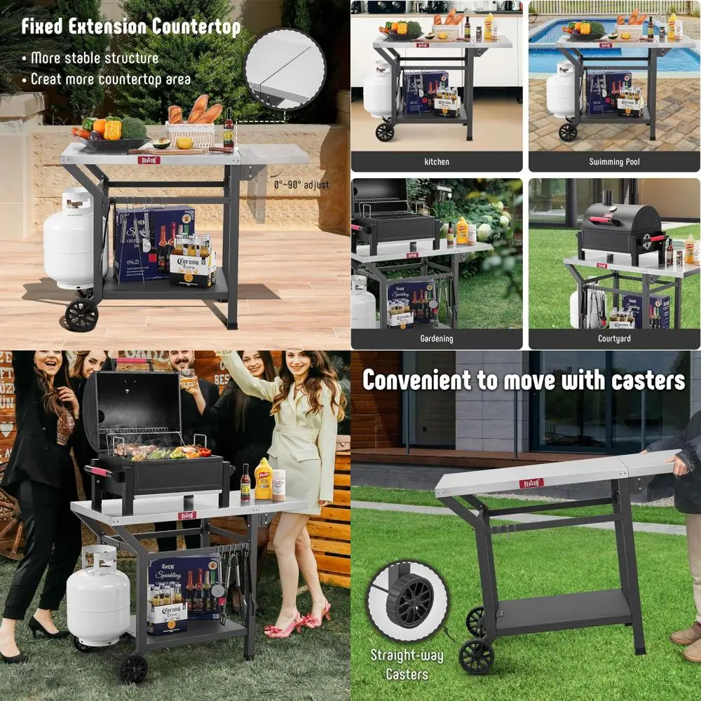 Portable Stainless Steel Grill Table with Side Shelf, Pizza Oven Stand, Outdoor and Indoor BBQ Cart, 43 x 20