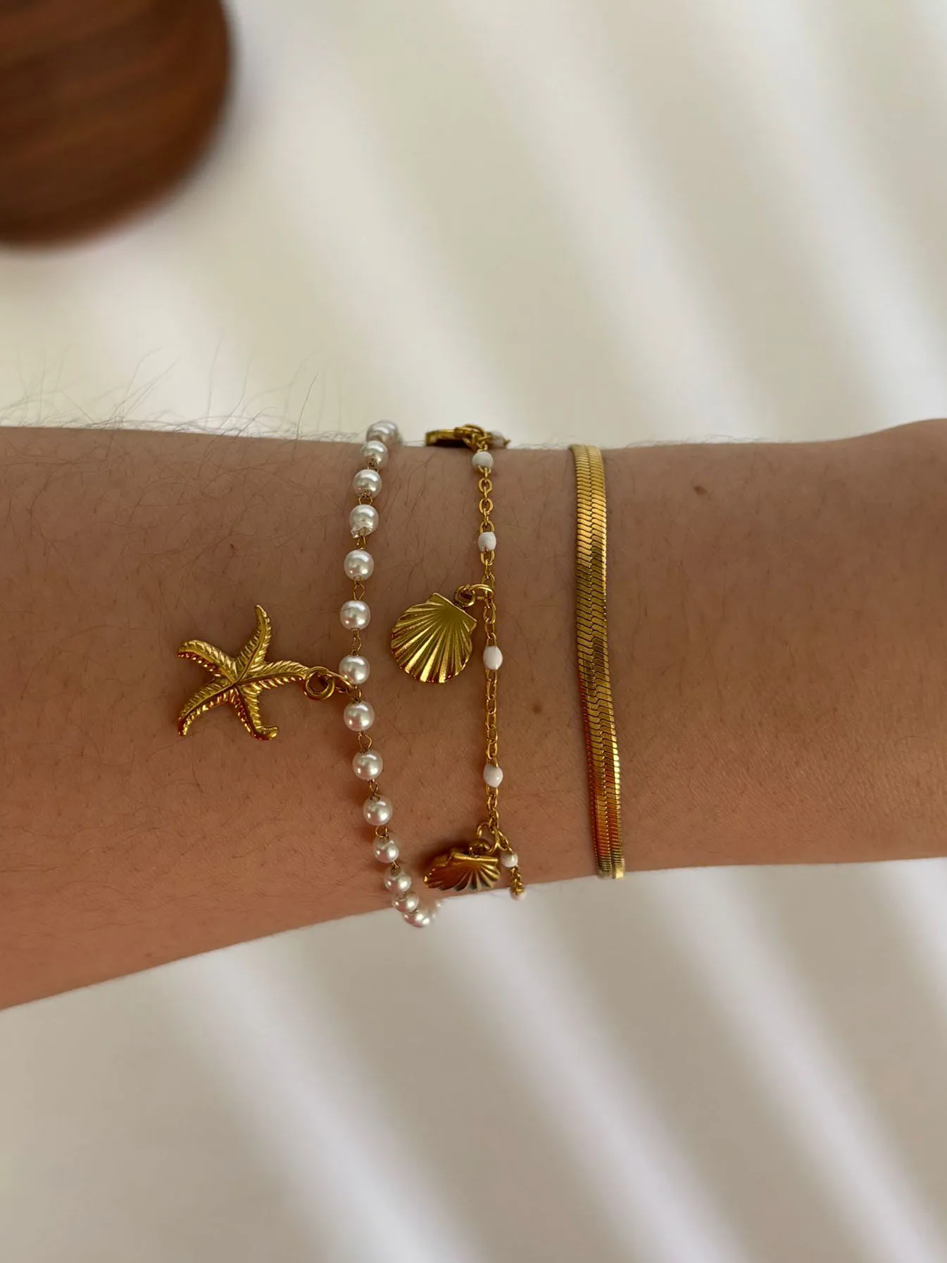 Peri'sbox Trendy Ocean Style Gold Plated Shell Starfish Charm Bracelet for Women Stainless Steel Waterproof Summer Daily Jewelry