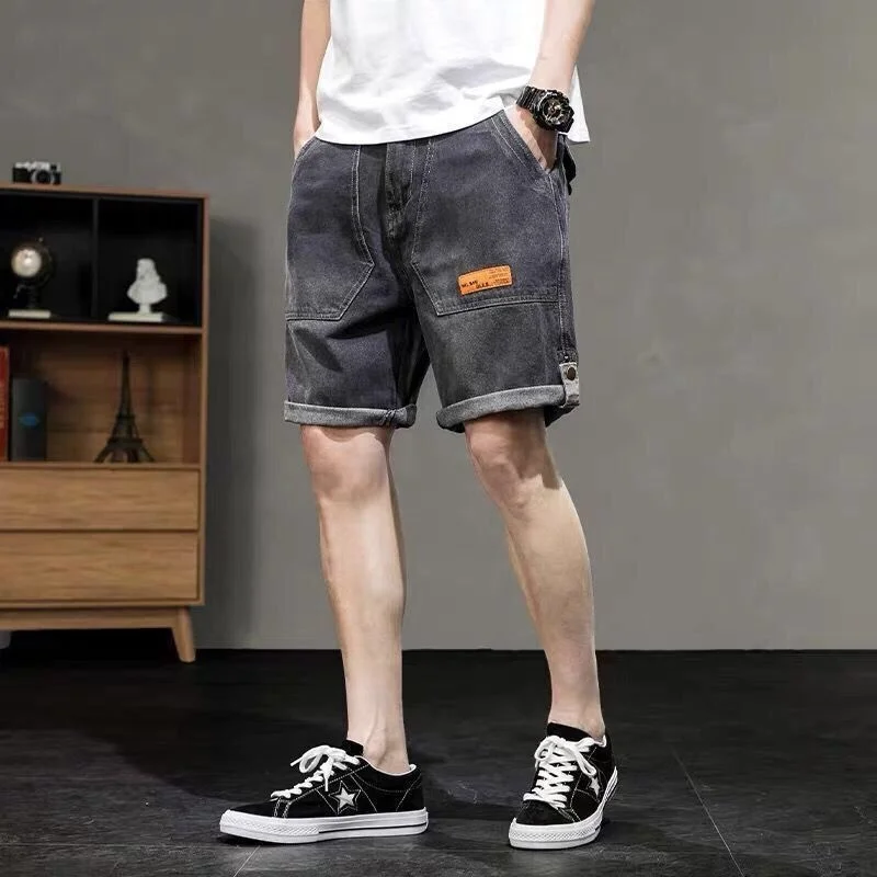 Men\'s Summer Slim Loose Fitting Fashion Label Denim Jogger Pants Five Point Fashion Blue Baggy Shorts Jeans