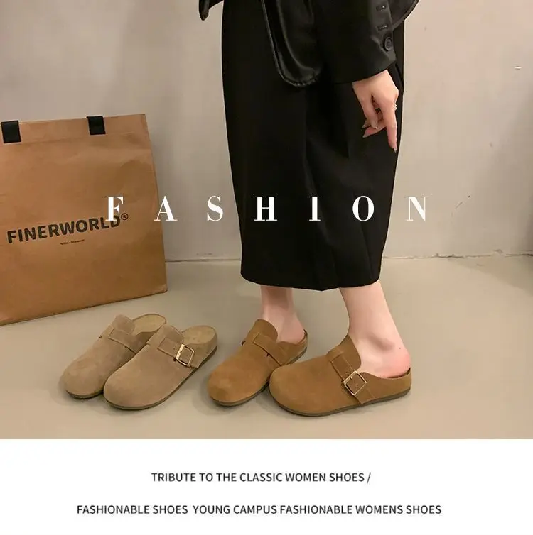 Damen-Wildleder-Pantoletten mit geschlossener Zehenpartie, verstellbare Schnalle, flache Clogs zum Überziehen, Retro-Freizeit-Outdoor-Schuhe ohne Rücken. – Detail 1
