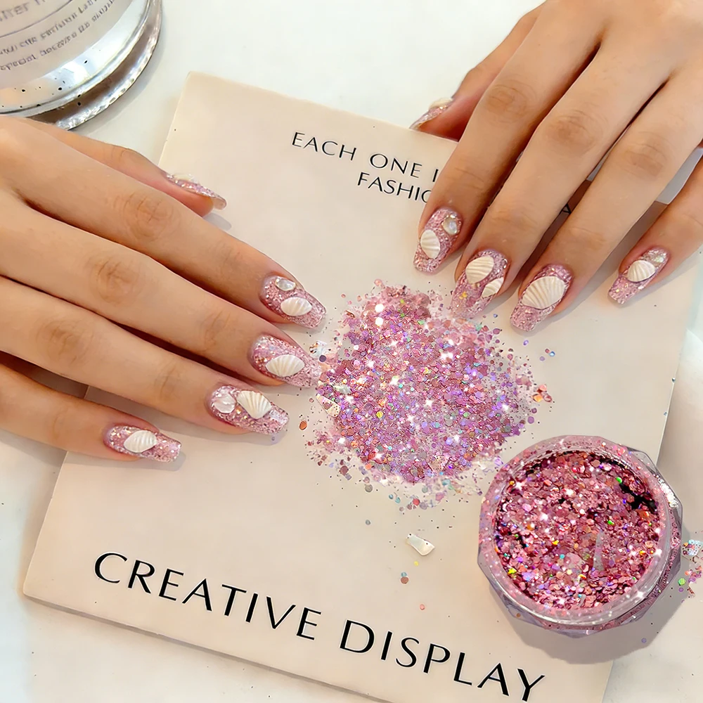 1Jar Pink Mixed Shell Hexagon Circle Dot Nail Glitter Powder Sequins Sparkling Holographic Mermaid Nail Flake For DIY Gel Polish