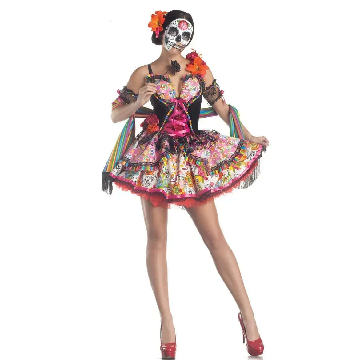 Adult Mexican Day of The Dead Flower Fairy Costume Suit Skull Ghosts Bride Dress Women Vampire Zombie Cosplay Halloween Party