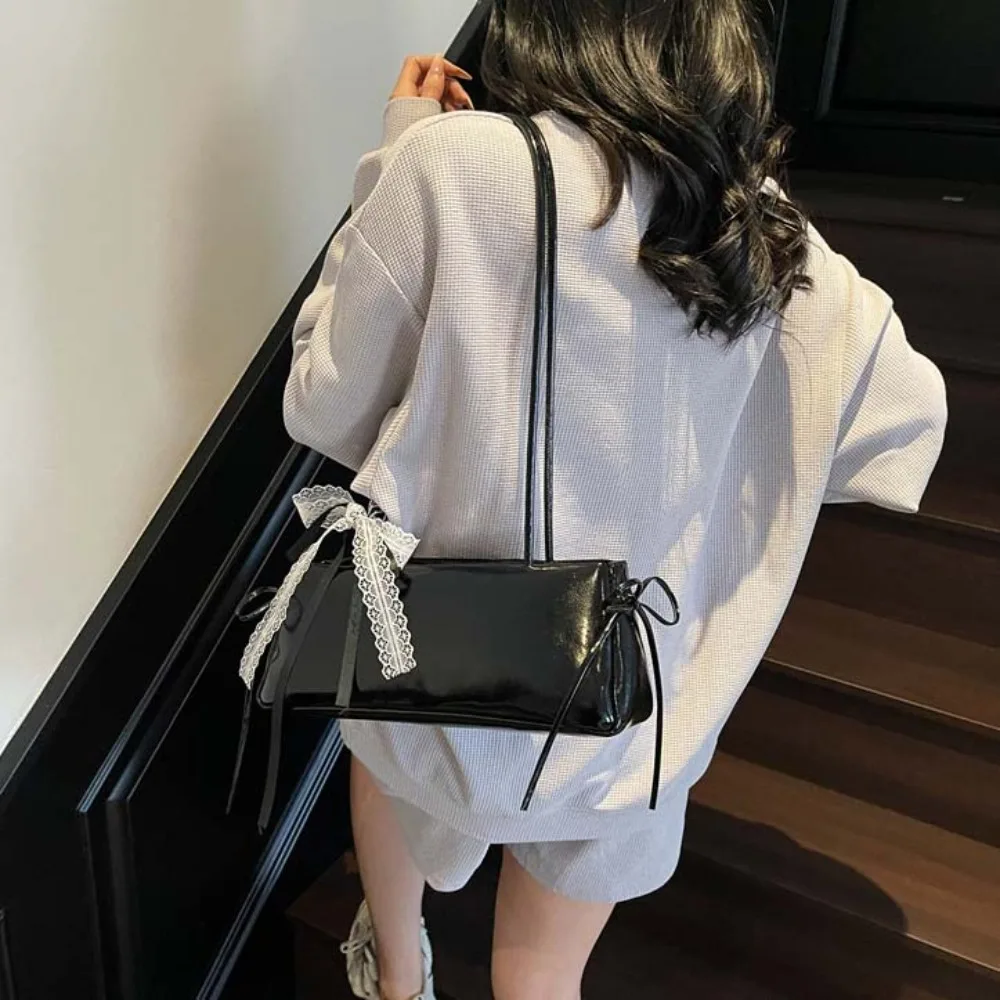 Solid Color French Stick Handbag Bow Ribbon High Quality Silver PU Shoulder Bag Large Capacity Waterproof Cylinder Underarm Bags