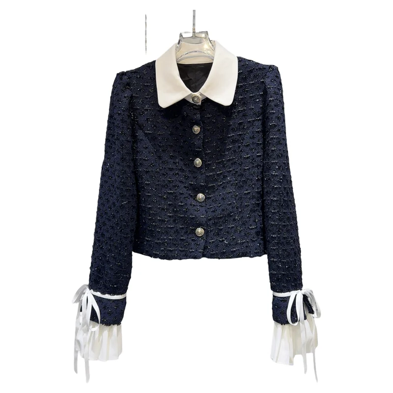 2025 Autumn New Arrival: Elegant White Collar & Cuff Tie-Bow Tweed Short Coat for Women