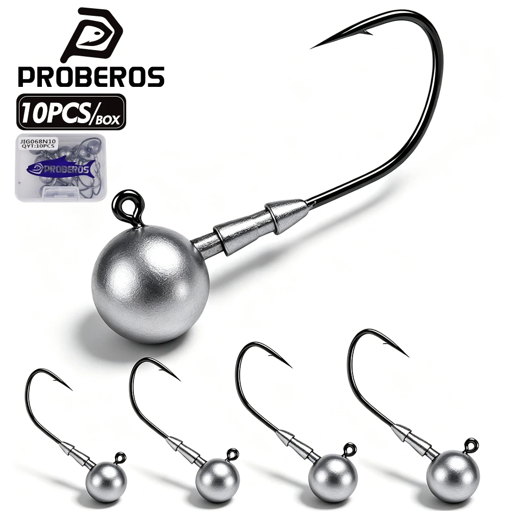PROBEROS 10PCS/Box Round Ball Offset Lead Head Hooks Barbed Soft Lure Worm Hooks High Carbon Steel Saltwater Bass Fishing Hooks