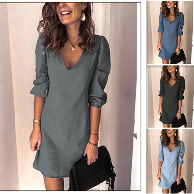 

2025 Spring Fashion Dress Puff Long-sleeved V-neck Solid Color Dress Women's Spring Elegant Loose Casual Elegant Outfit Women's