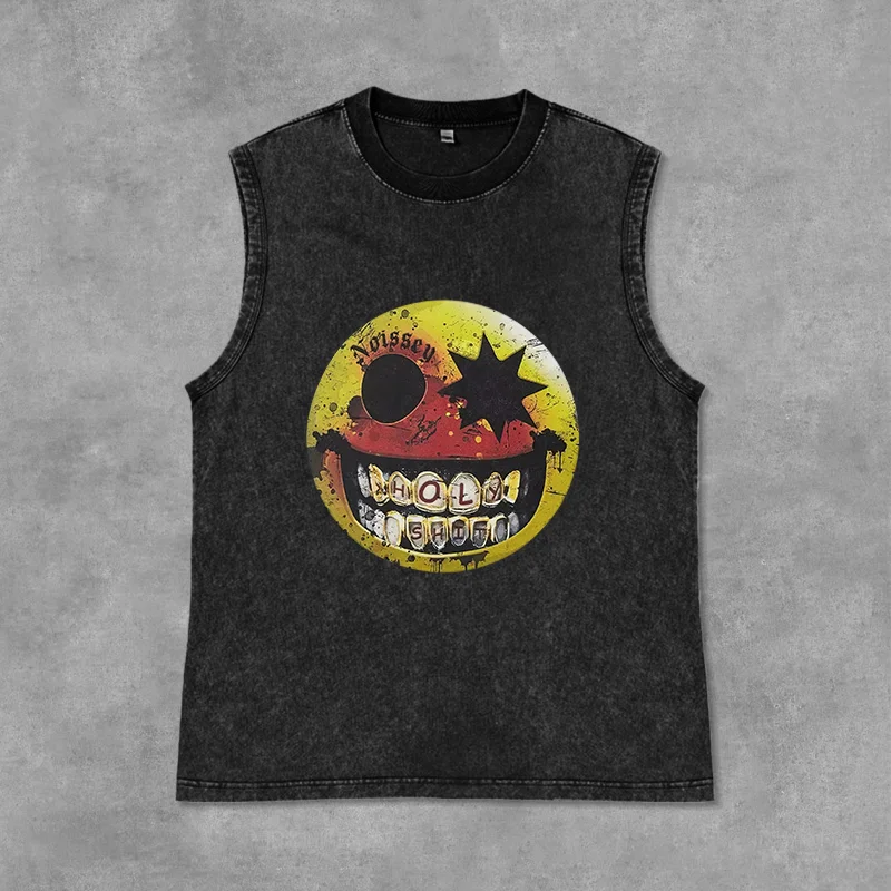 

Men's Tanks Casual Gangster Smile Black Washed Single-Sided Print Vests Y2K Summer Vintage Streetwear Chic Basic Tops Oversized