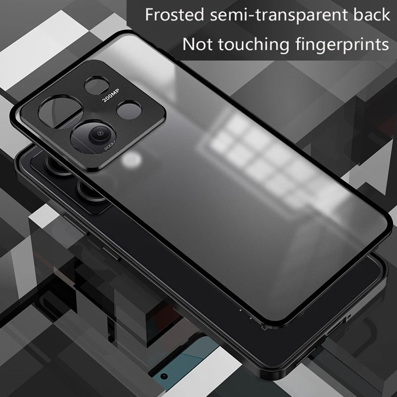 حافظة لهاتف Redmi Note 13 14 Pro Plus 5G غطاء خلفي شفاف غير لامع إطار من سبائك الألومنيوم 2 أجزاء Skin Funda