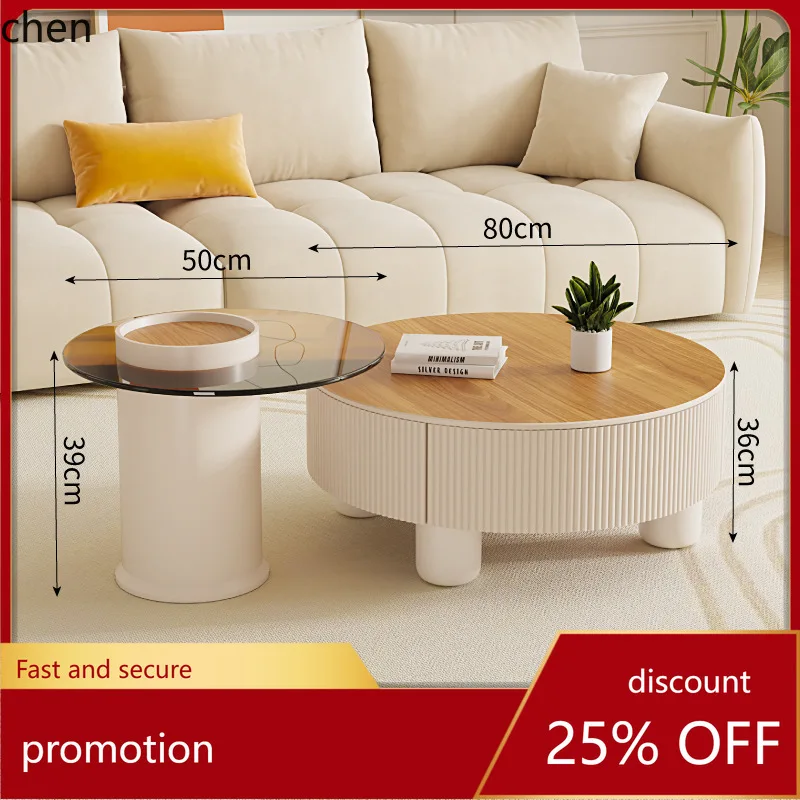 HXL Cream Style Coffee Table Rock Plate Modern Storage Round Combination