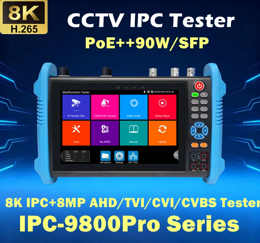 

Тестер IP-камер Tahlitech CCTV IPC с поддержкой PoE++, выходом питания, SFPHDMI, VGA, TDR, VFL, CVBS, AHD, TVI, CVI, тестер кабеля, 7-дюймовый сенсорный экран