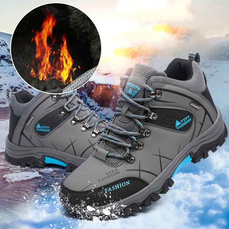 Oulylan Climbing Shoes Sports Plush and Thick Insulation Men Hiking Waterproof Trekking Boots Mountain Rubber Sole Shoes